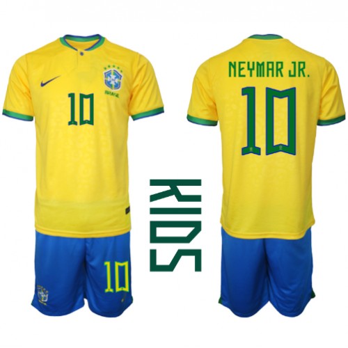Fotballdrakt Barn Brasil Neymar Jr #10 Hjemmedraktsett VM 2022 Kortermet (+ Korte bukser)